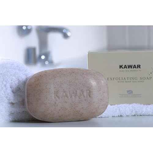 KAWAR Dead Sea Exfoliating Soap with Dead Sea Sand - Salicylic Acid, Magnesium Chloride, Shea Butter, Olive Oil & Tea Tree - Vegan Soap Bar for Men & Women, 4.2 oz