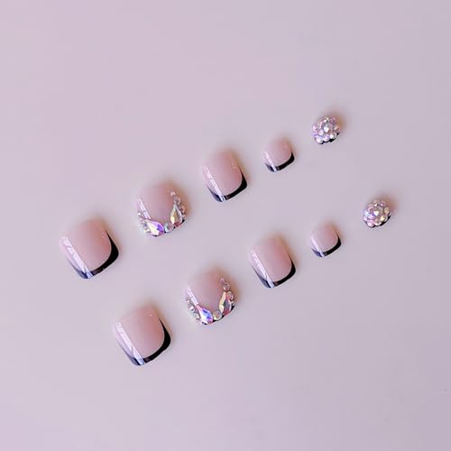 YIHONGYAN Style A24 Black French Tips Press-On Nails Kit with 3D Rhinestones, 24 pcs