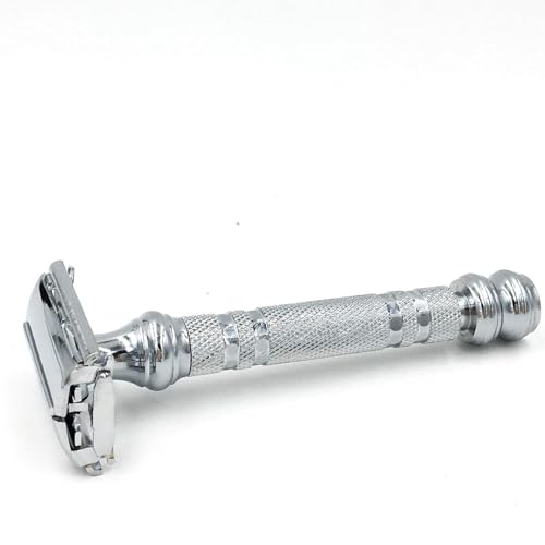 Parker 66R Long Handle Butterfly Safety Razor ? Twist-to-Open Brass Frame with Textured Chrome Finish for Close, Comfortable Shaves - 5 Blades Included