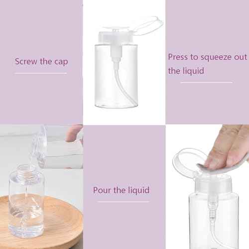 Push Down Pump Dispenser, 3.4oz Clear Pump Bottles with Alcohol, Acetone, Nail Polish Remover, Makeup Remover, Toner Stickers Empty Push Top Container for Liquid (100ml-2Pack)