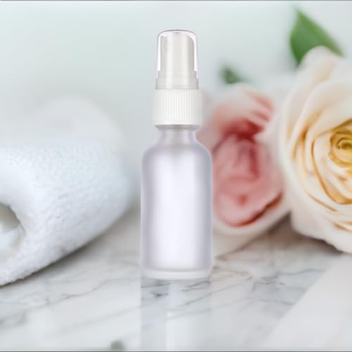 JUVITUS (24 pack) 1 oz Clear Frosted Glass Boston Round Bottle with White Fine Mist Spray + Funnel