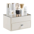 PU Leather Makeup Organizer with Drawer, Waterproof Cosmetic Storage Box, Multifunctional Nightstand Vanity Organizer for Skincare, Perfume, Jewelry, Bathroom Countertop (Beige)