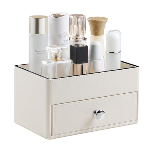 PU Leather Makeup Organizer with Drawer, Waterproof Cosmetic Storage Box, Multifunctional Nightstand Vanity Organizer for Skincare, Perfume, Jewelry, Bathroom Countertop (Beige)