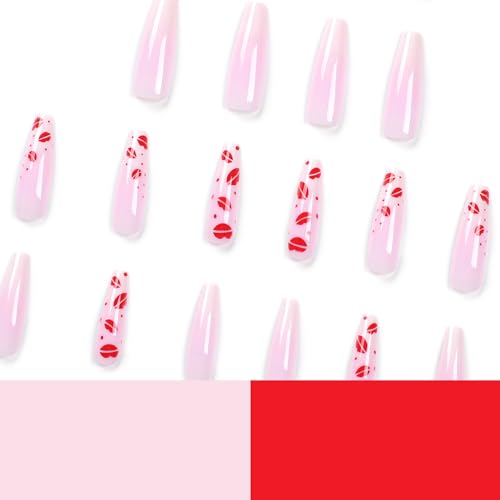 RTKHFZE Press on Nails Long, Coffin Fake Nails Pink Full Cover Acrylic Nails with Nude White Gradient and Lips Designs False Nails Stick on Nails with Glue Gift for Women and Girls Manicure