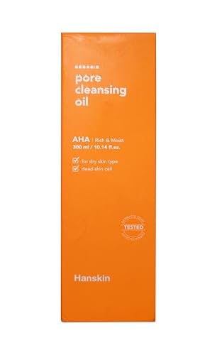 Hanskin AHA Pore Cleansing Oil for Dry Skin, Exfoliating, Waterproof Makeup Remover Facial Cleanser, Moisturizing for Soft Skin, Korean Skincare [AHA/10.14 oz.]