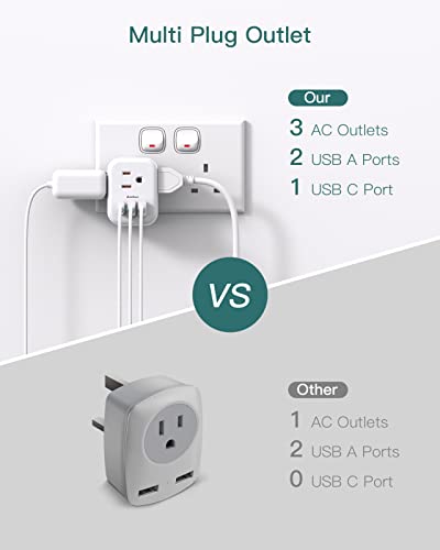 2-Pack US to UK Ireland Travel Plug Adapter, Addtam Type G Power Outlet Adapter with 3 AC Outlets and 3 USB, Travel Essentials for USA to Dubai Scotland British London England Hong Kong Irish