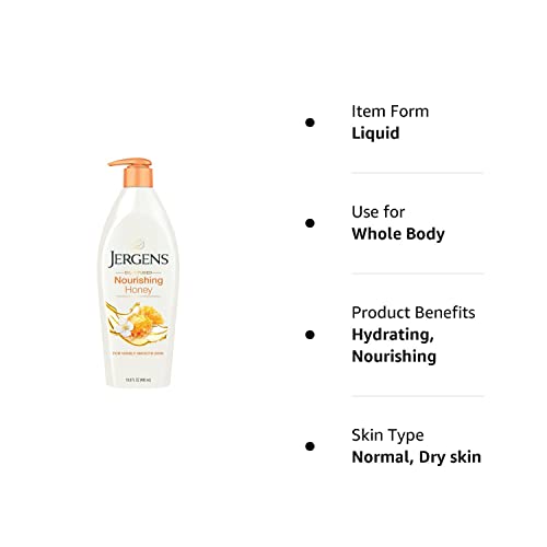 Jergens Nourishing Honey Dry Skin Moisturizer, with Illuminating Hydralucence Blend, Skin Nourishing Formula, Dermatologist Tested,16.8 Fl Oz (Pack of 4) (Packaging May Vary)