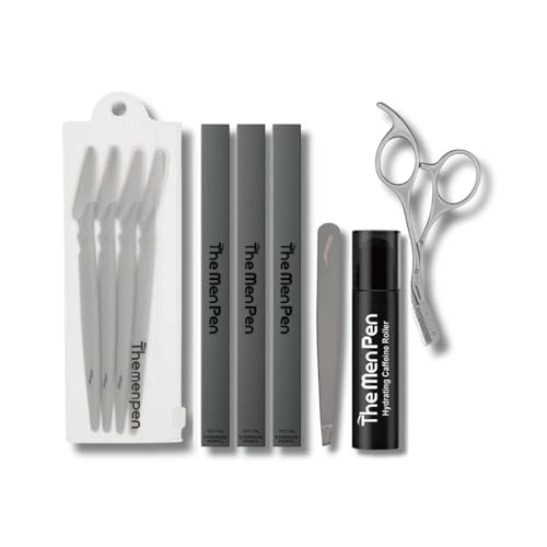 The Men Pen Complete Eyebrow + Hydrating Grooming Kit for Men | Scissors, Hydrating Caffeine Roller, Tweezers, Razors & 3 Eyebrow Filler Pens for Shaping | Trimming & Defining Brows - Black