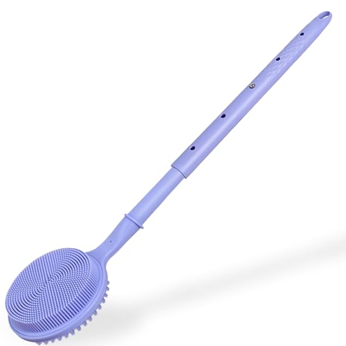 Back Scrubber for Shower, (16-24 Inch) Extendable Bath Brush Long Handle for Shower, Silicone Body Scrubber with Handle, Back Brush for Shower Men and Women,Easy to Clean (Purple)