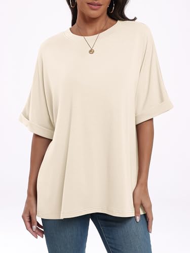 ANRABESS Women's Oversized T Shirts Short Sleeve Crewneck Summer Tops Casual Loose Basic Tee Shirts 2024 Trendy Clothes Apricot Small