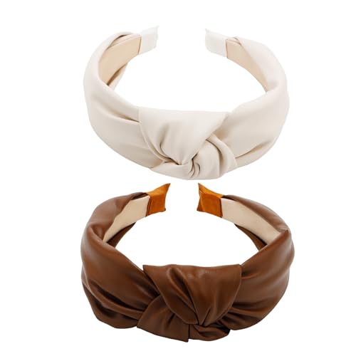 Aprince 2PCS Knotted Headband for Women Leather Headbands for Women Top Knot Cute Headbands for Women Girls Hair Accessories Womens Headbands Fashion (Beige Cream,Brown)