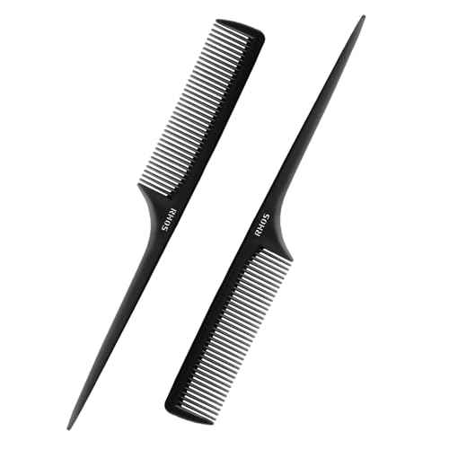 RHOS Rat Tail Combs for Parting, Fine Tooth Teasing Comb with Pick, 2 Pack Hair Styling Combs Set for Women and Men, Black, ABS Material