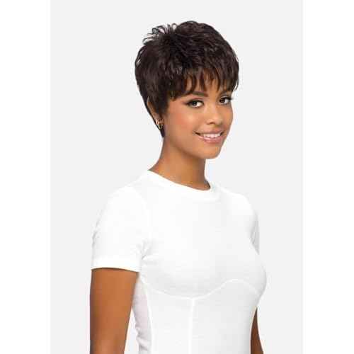 Vivica A. Fox AMY-V, Heat Resistant Fiber, Pure Comfort Cap, Layered Short Pixie Style with Tapered Back, Full Wig (44 Charcoal Gray)