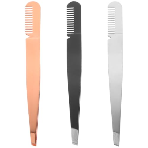 Eyebrow Tweezers 2 in 1 Stainless Steel Slant Tip with Comb ? Precision Brow Shaping Tool 3 Pack for Women, Facial Hair Removal & Lash Applicator, Professional Grooming Tweezers