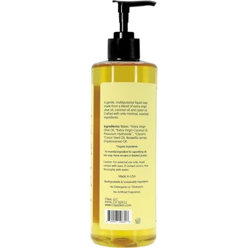 Claya Frankincense Liquid Castile Soap ? Organic Ingredients, Biodegradable, Aromatic with Citrus and Spice, Gentle for Skin (16 fl oz (Pump Cap) and 64 fl oz)