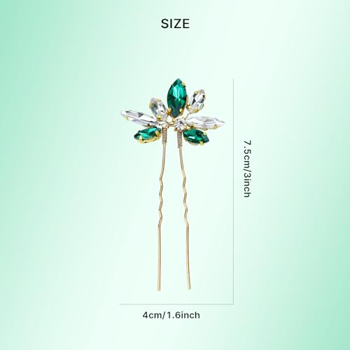 Dizila 12 Pack Gold Metal Emerald Green Rhinestone Party Prom Wedding Bridal U-shaped Hairpins Headpieces Accessories for Brides Bridesmaids Women Girls