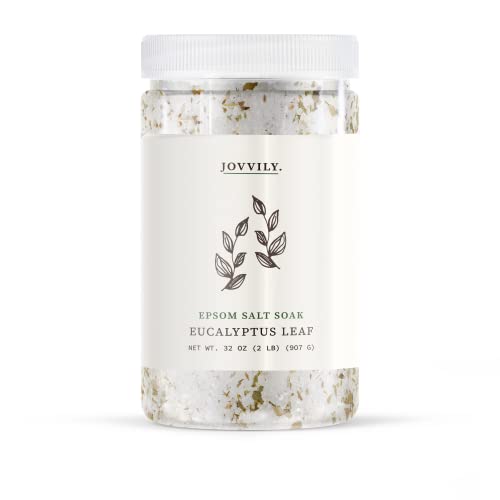 Jovvily Epsom Salt with Eucalyptus Leaf & Eucalyptus Essential Oil - 2 lb - Soaking Solution - Soothing Eucalyptus Scent