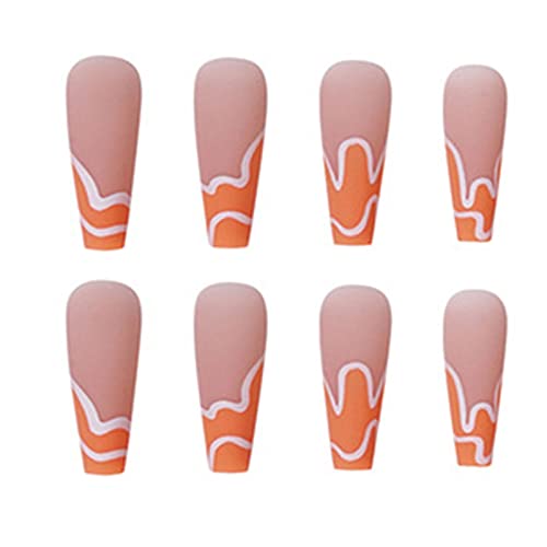 Vemalo Press on Nails Long Swirl Nails for Women Press on Acrylic Nails Orange Coffin Press on False Nails 24Pcs(Style 2)