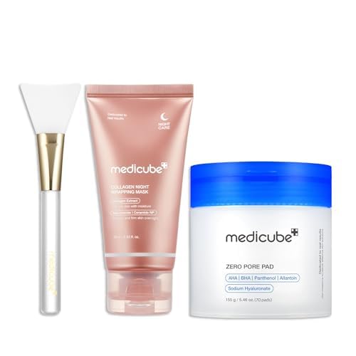 medicube Korean Viral Duo for Glass Glow Skin: Zero Pore Pads 2.0 and Collagen Overnight Wrapping Peel Off Facial Mask Pack and Jelly Brush, Gifts for Her, Skin Care Set