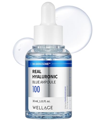 WELLAGE Real Hyaluronic Blue Ampoule 100, Fragrance Free Hyaluronic Acid Ampoule, Hydrating Non Sticky Serum for Sensitive Dry Skin, 1.01 fl.oz