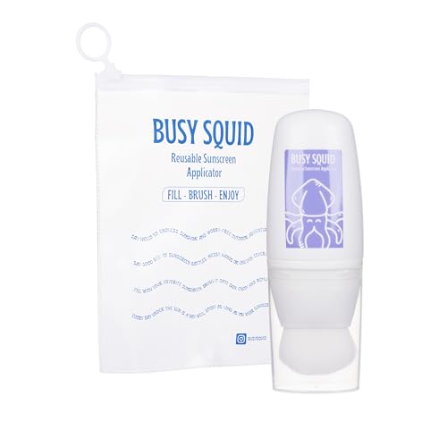 Busy Squid Sunscreen Applicator for Kids and Adults – Refillable Bottle with Integrated Makeup Brush – Mess Free, Even Application, Travel Size Sunscreen Brush Lotion Applicator for Face and Body –