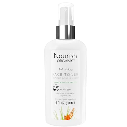 Nourish Organic Face Toner Spray ? Alcohol-Free Formula with Witch Hazel, Aloe Vera & Moroccan Rose Flower Extract, 3 Oz + Washable Cotton Round