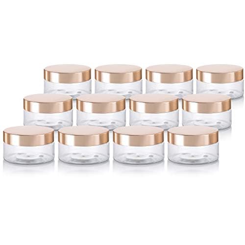 (12 Pack) 8 oz Clear Plastic Low Profile Wide Mouth Jar with Gold Metal Overshell Lid