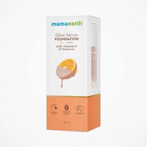Mamaearth Glow Serum Foundation - 01 Ivory Glow Shade | with Vitamin C & Turmeric | Up to 12 Hour Buildable Coverage | Waterproof & Lightweight | 1.01 Fl Oz (30ml)