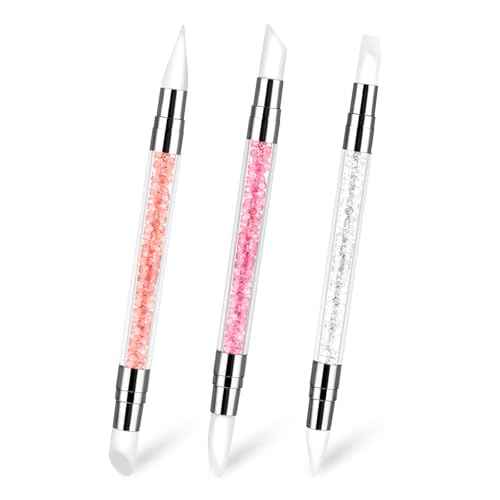 3 Pcs Nail Art Sculpture Pen, Dual Tipped Silicone Nail Tools, Silicone Head Acrylic Handle Nail Art Brushes, Rhinestone Nail Polish Carving Pen, Nail Art Tools for Home Salon(White, Pink, Orange)