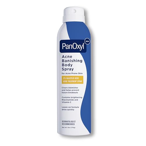 PanOxyl Acne Banishing Body Spray with 2% Salicylic Acid, Pimple Treatment Spray to Clear Stubborn Breakouts, 360-Degree Spray Nozzle, Skin-Brightening Niacinamide, Vitamin C, Witch Hazel, Aloe, 6 Oz