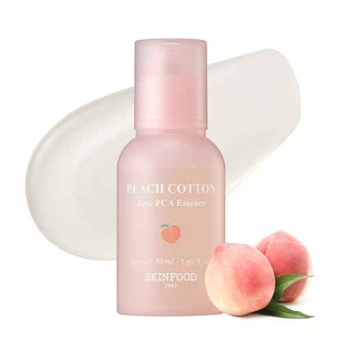 SKINFOOD Peach Cotton Zinc PCA Essence Serum Primer, Korean Skin Care Makeup Prep Hybrid Face Serum, Blurring Matte, Stocking Stuffers, Sebum Oil Control, Hydrating Primer for Sensitive (1.69 fl. oz.)