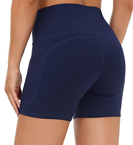 THE GYM PEOPLE High Waist Yoga Shorts for Women's Tummy Control Fitness Athletic Workout Running Shorts with Deep Pockets (Small, Blue)