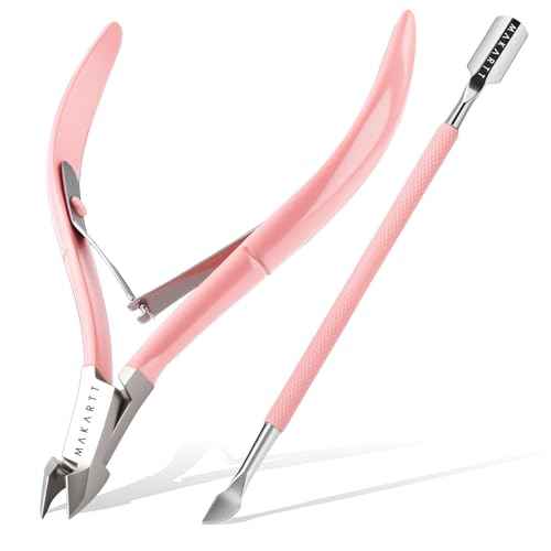 Makartt Cuticle Trimmer with Cuticle Pusher - Stainless Steel Cuticles Nipper with Dual Spring, Ergonomic Handle, 7mm Blade & Dual-Ended Pusher for Nail Care & Gel Removal, Pink