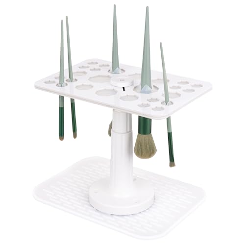Makeup Brushes Drying Rack with Silicone Mat, Adjustable Makeup Brush Holder, Makeup Brush Display Dryer Stand, 26 Holes Acrylic Brush Organizer Stand (White)