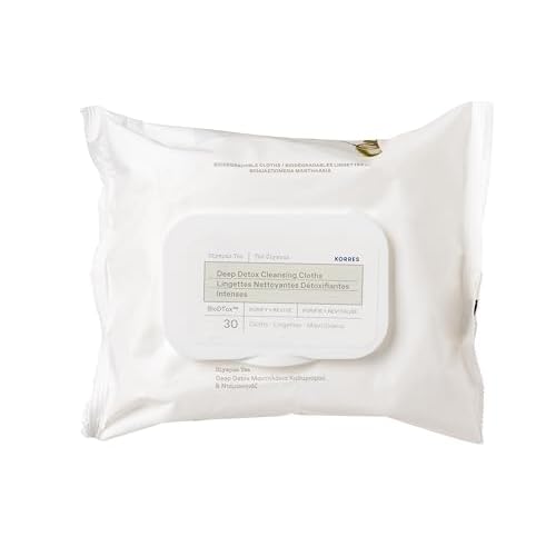 KORRES Olympus Tea Deep Detox Cleansing Cloths, Face & Makeup Remover Wipes, Purifying Skin Care for Women & Men, Disposable, Vegetarian, Made in Greece, 30 Count