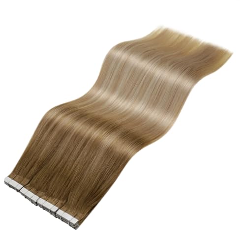 LaaVoo Tape in Hair Extensions Human Hair Ombre Light Brown to Ash Blonde Mix Platinum Blonde Balayage Hair Extensions Tape in Real Human Hair 16 inch Tape in Extensions Straight Thick Ends 20pcs/50g