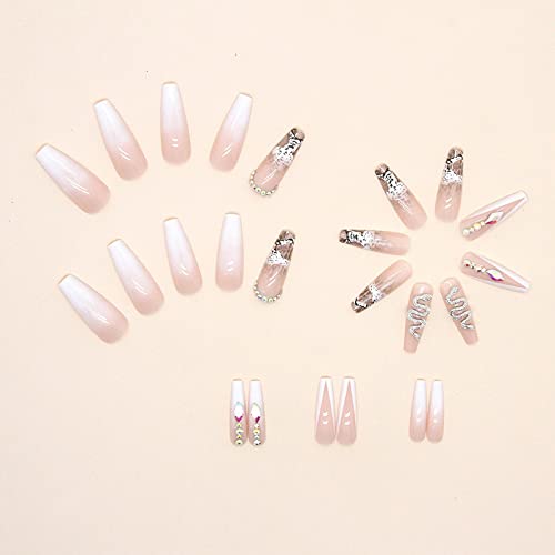 MISUD Coffin Press on Nails Long Ballerina Fake Nails Glossy Glue on Nails White French Tip Artificial Acrylic Nails Luxury 3D Snake Shpae Rhinestone Stick on False Nails 24 pcs