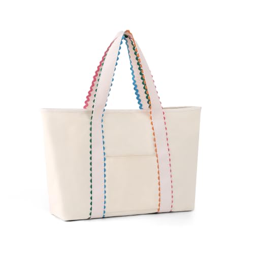 Rainbow Rick Rack Tote Bag for Women - Natural Cotton Canvas, Reinforced Handles