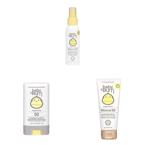 Sun Bum Baby Bum SPF 50 Sunscreen Spray | 3 FL OZ & Baby SPF 50 Sunscreen Stick, 0.45 Oz & m SPF 50 Sunscreen Lotion | Mineral UVA/UVB Face and Body Protection, 3 FL OZ