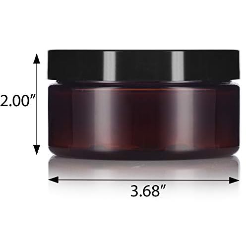 8 oz Amber PET Plastic Refillable Low Profile Jar Black Smooth Lid (12 pack)