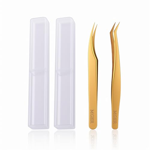 MGER Lash Tweezers for Eyelash Extension-Professional Lashing Tweezers for Mega Volume Mink Eyelashes Extensions Applying, Gold tweezers