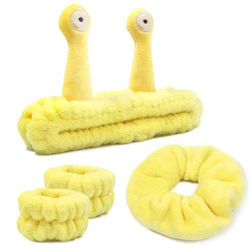 Face Wash Headband, Skincare Wrist Bands For Washing Face Set Spa Hair Bands come with a Hair Scrunchie, Cute Yellow snail tentacle Elastic Headband, For Face Washing Makeup Skincare (Yellow)