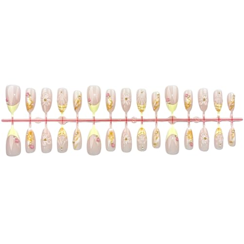 Medium Almond French Tip Press On Nails with 3D Flower & Pearl Design - Gold Beads Fake Nail Kit for Women