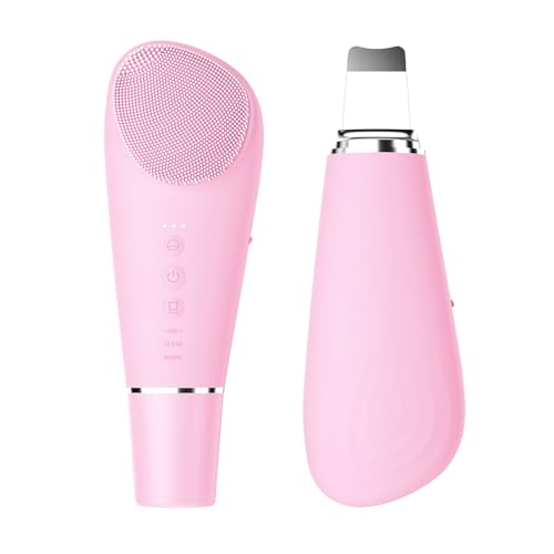 Silicone Face Scrubber Blackhead Scraper Rechargeable 2-in-1 Facial Cleansing Brush & Skin Spatula Duo, IPX7 Waterproof Exfoliating Massager Deep Cleansing for Women and Men£¨Light Pink£©