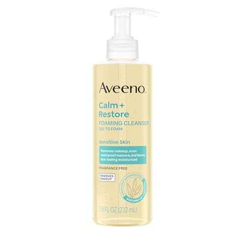 Aveeno Calm + Restore Foaming Cleanser for Sensitive Skin, Daily Face Wash Gently Removes Makeup & Cleanses Skin with Soothing Oat, Feverfew & Hyaluronic Acid, Fragrance-Free, 7.8 fl. oz