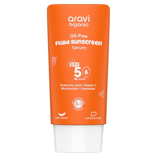 Aravi Organic Oil-Free Fluid Sunscreen SPF 50 PA++++ | (In-Vivo) Dermatologically Tested | Ultra-Light,No White Cast | Broad Spectrum Protection | Hyaluronic Acid & Vitamin C - 1.6 FL Oz / 50ml