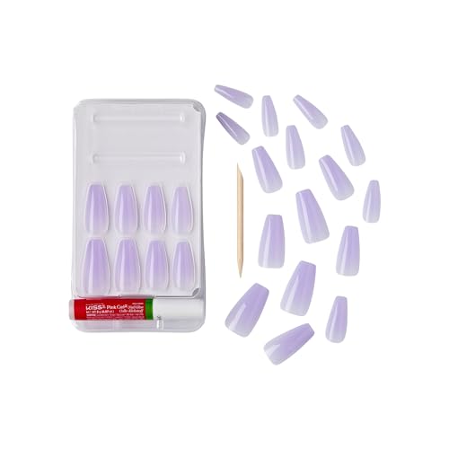 GoldFinger False Nails Kit, Jelly Color Ready to Wear Lavender Fake Nails, Manicure Stick and Glue Included, Long Length, Coffin Shape, Long-Lasting Hottest Trend Glue on Nails