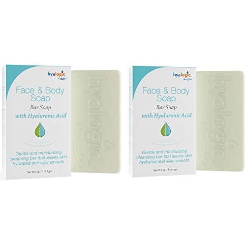 Hyalogic Face & Body Cleansing Bar Soap 4oz (Pack of 2) Hydrating Hyaluronic Acid Cleanser - Fragrance Free, Non-Irritating, Vegan Friendly HA