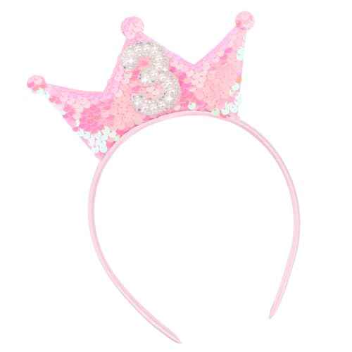 Jaciya Pink Headband Sequin Headbands for Girls Sparkling Tiara Pearl Hairband Birthday Head Band Princess Party Decorations (3rd birthday headband)