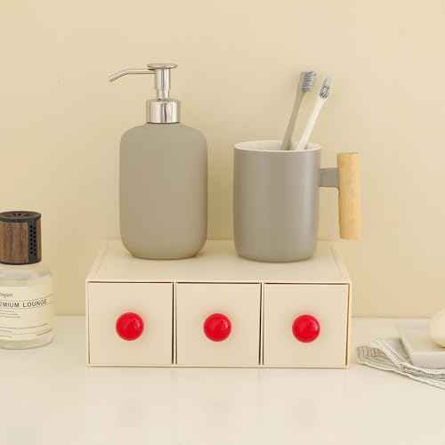 Stackable drawer with 3 Drawers, Bathroom Storage Organization, Makeup Organizer for Nail Polishes, Liquid Foundation, Lipsticks, Powder Puff, Beige